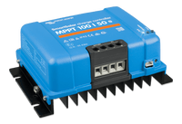 Angled side view of MPPT solar controller showing aluminium heat sink and data connection port