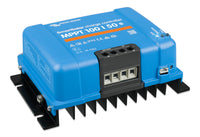 Angled side view of MPPT solar controller showing aluminium heat sink and data connection port