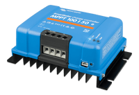 Side perspective of blue SmartSolar MPPT controller showing the cooling fin design