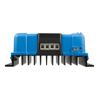 Bottom edge view of charge controller showing screw terminals and VE.Direct communication port
