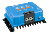 Perspective view of solar charge controller showing technical specification label and mounting points