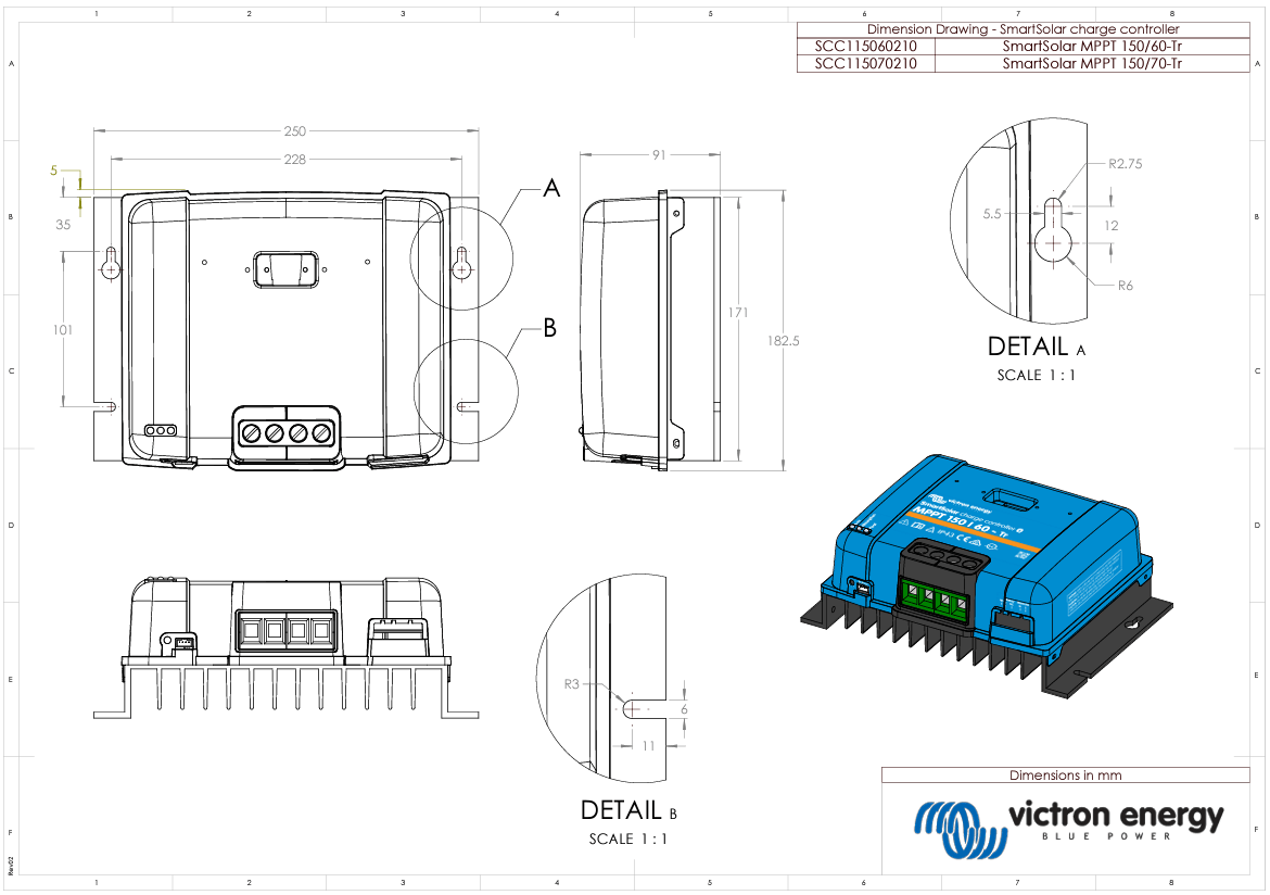 Technical dimensional drawing with front, side, and bottom measurements in millimetres