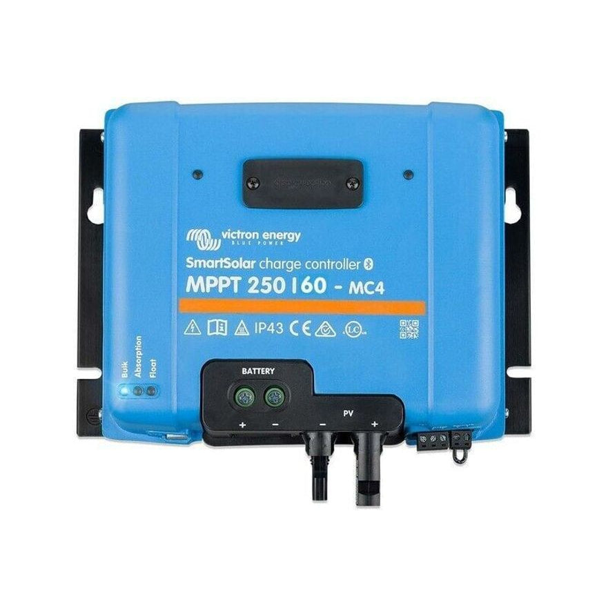 Front view of Victron SmartSolar MPPT 250/60 solar controller with MC4 connectors and battery terminals