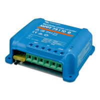 Angled view of MPPT 75/10 controller showing wiring terminal block and replaceable blade fuse
