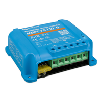 Side-on angled view of the blue Victron MPPT controller enclosure showing terminal access