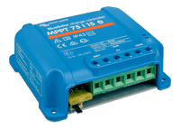 Angled view of the Victron 15A solar controller showing 20A blade fuse and heavy-duty terminals