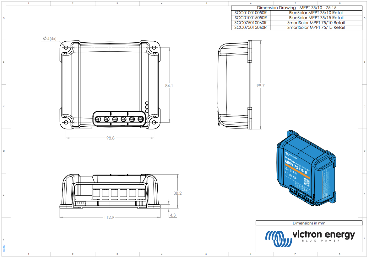 Dimensional drawing for SmartSolar MPPT 75/10 and 75/15 showing 100x113x50mm measurements