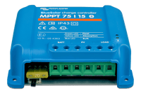 Side perspective view of the blue Victron BlueSolar 15A MPPT charge controller