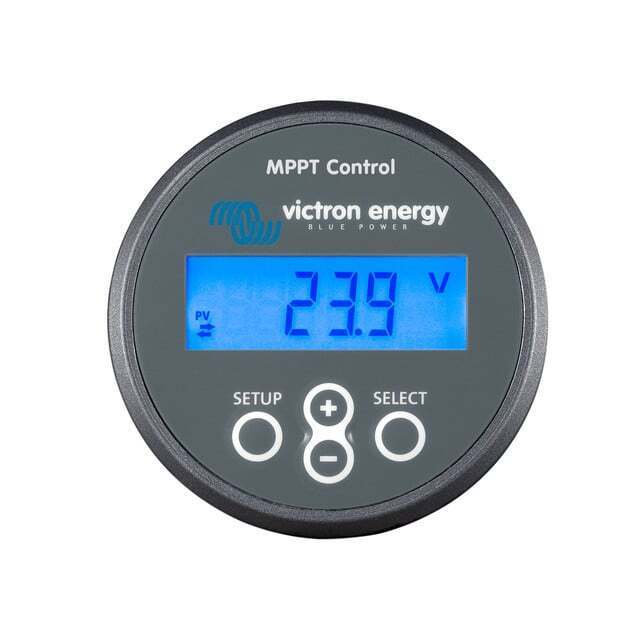 Front view of Victron MPPT Control panel with blue backlit display showing 23.9V