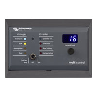 Victron Multi Control panel installed in the wall-mount enclosure showing status LEDs and digital display