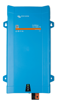 Front view of blue Victron MultiPlus 12/1600/70 inverter charger with status LED panel