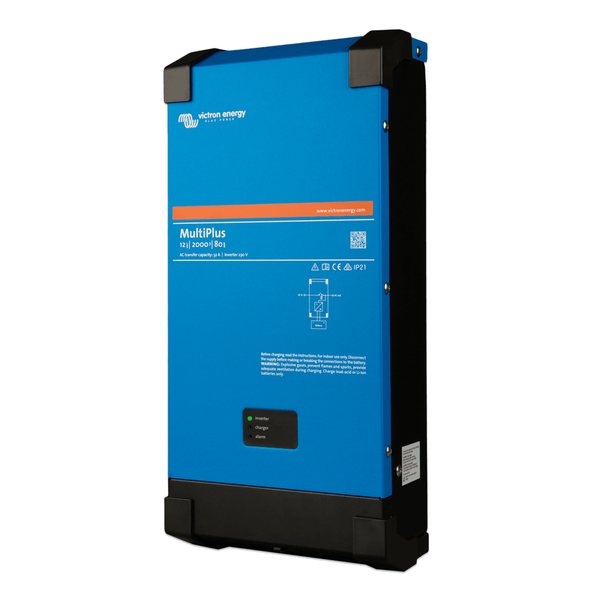 Side perspective of the blue Victron MultiPlus 12/2000/80-32 inverter charger housing