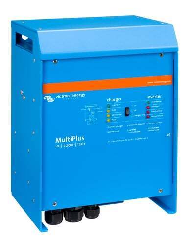 Right perspective view of the Victron MultiPlus showing the blue aluminium enclosure and side mounting holes