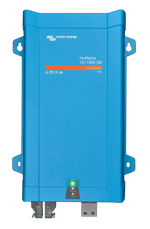 Front view of a blue Victron MultiPlus 12V 1200VA 50A inverter charger showing status LED indicators