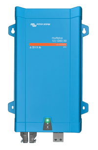 Front view of a blue Victron MultiPlus 12V 1200VA 50A inverter charger showing status LED indicators