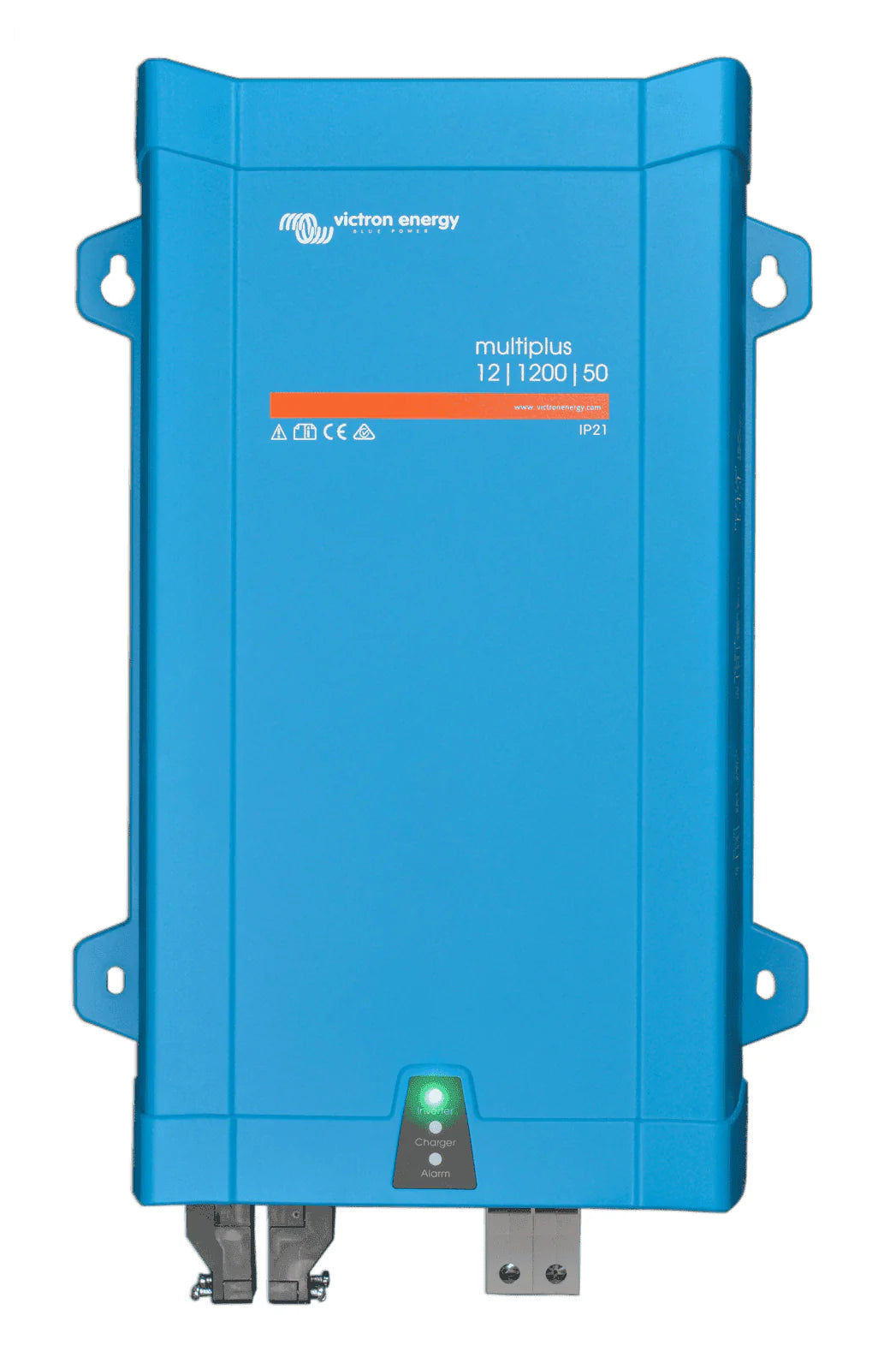 Front view of a blue Victron MultiPlus 12V 1200VA 50A inverter charger showing status LED indicators
