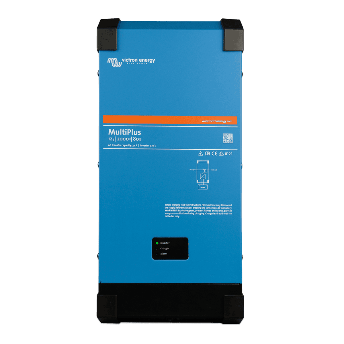 Front view of a blue Victron MultiPlus 12V 2000VA 80A inverter charger with status indicator LEDs