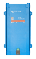 Front view of blue Victron MultiPlus 12V 800VA inverter charger showing status LEDs