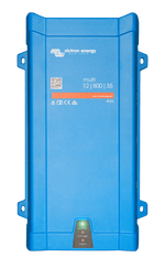 Front view of blue Victron MultiPlus 12V 800VA inverter charger showing status LEDs