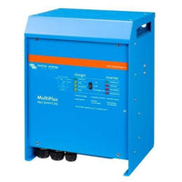 Angled perspective view of the blue Victron MultiPlus inverter charger showing top and side panels