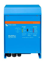 Front view of blue Victron MultiPlus 24V 3000VA inverter charger showing status indicators and main switch