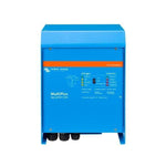 Front view of blue Victron MultiPlus 24V 3000VA inverter charger showing status indicators and main switch