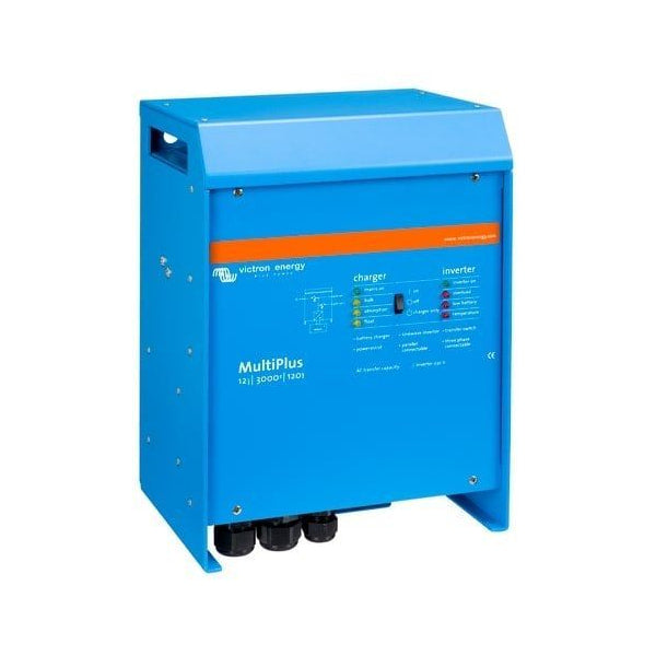 Angled front-left view of the blue Victron MultiPlus 12V 3000VA inverter charger housing