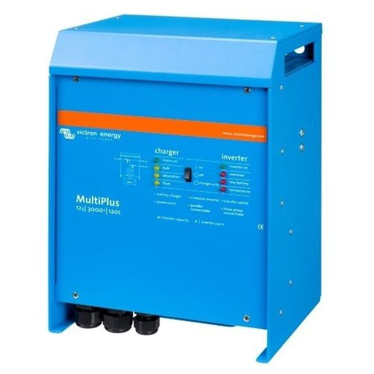 Angled front-right view of the blue Victron MultiPlus 12V 3000VA inverter charger housing