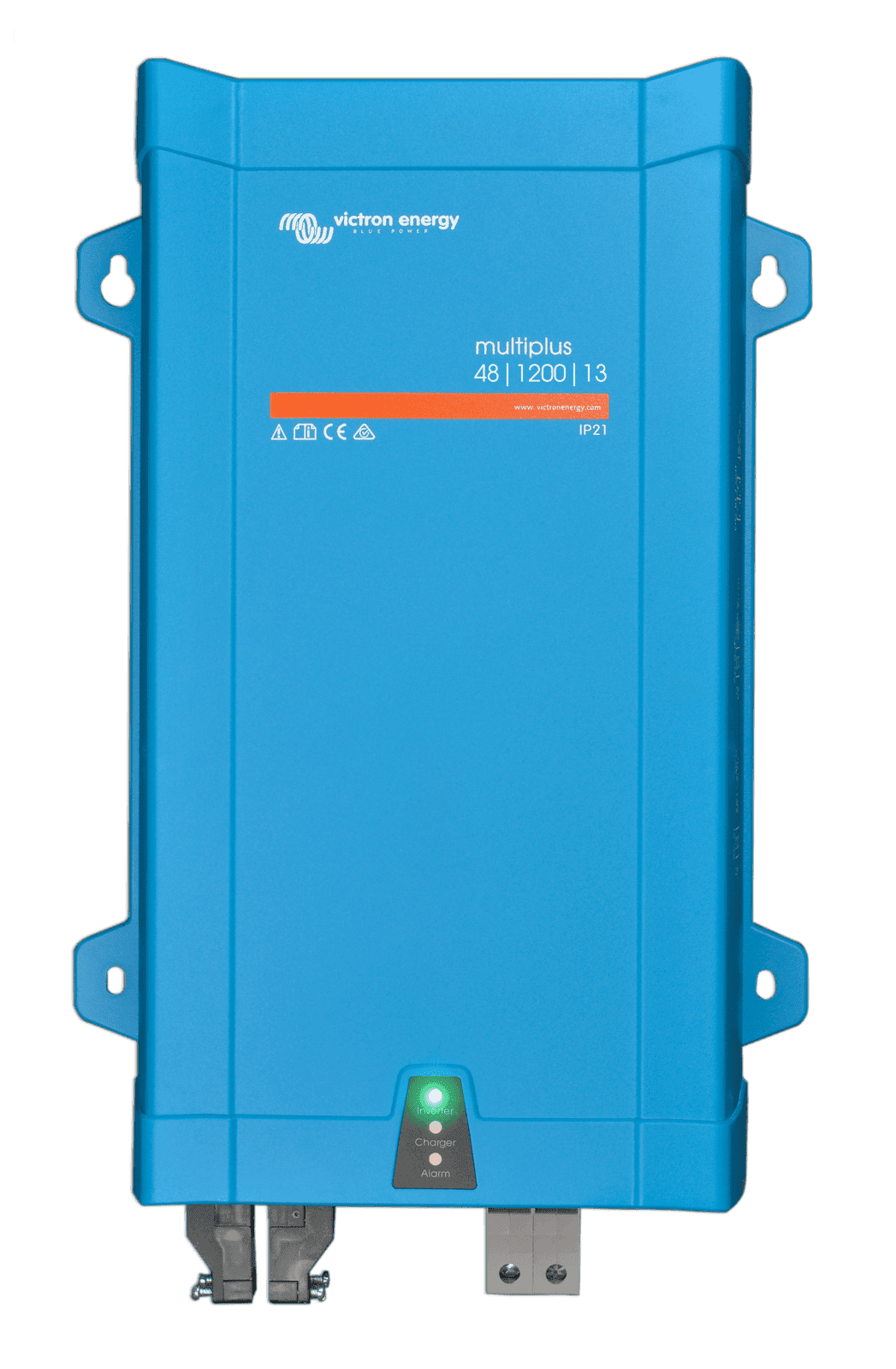 Front view of a blue Victron MultiPlus 48V 1200VA 13A inverter charger in a steel enclosure