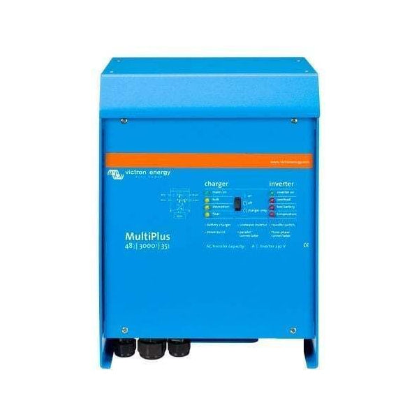 Front view of Victron MultiPlus 48V 3000VA inverter charger with status LEDs and power switch