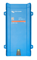 Front view of blue Victron MultiPlus 48V 800VA inverter charger with status LED indicators