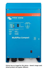 Front view of blue Victron MultiPlus Compact inverter charger with status LEDs and power switch