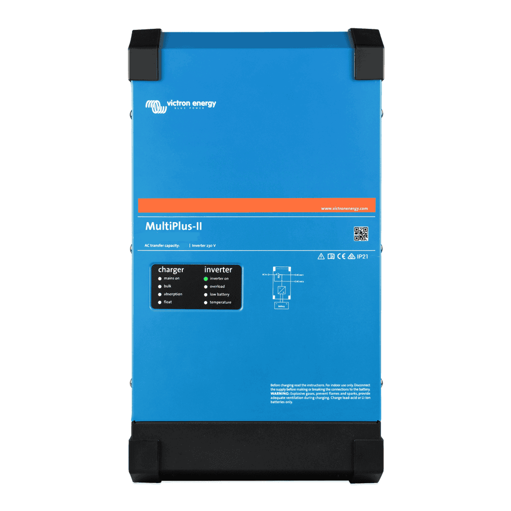 Front view of the Victron MultiPlus-II 12/3000/120-32 inverter charger in blue steel housing
