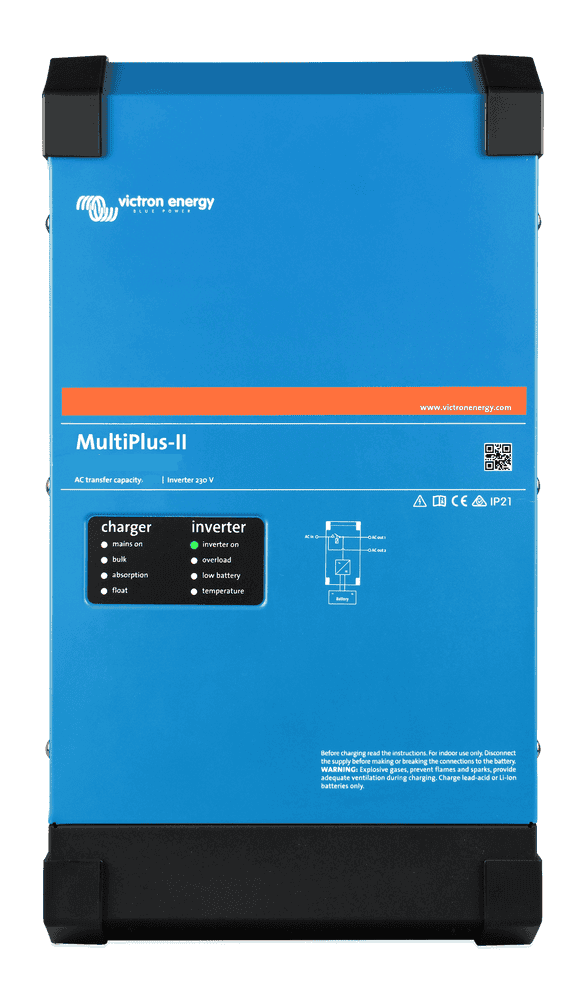 Front view of the Victron MultiPlus-II 12/3000/120-32 inverter charger in blue steel housing