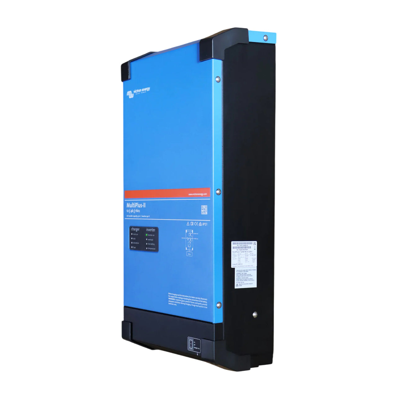 Side perspective of the blue Victron MultiPlus-II 12V 4000W inverter charger