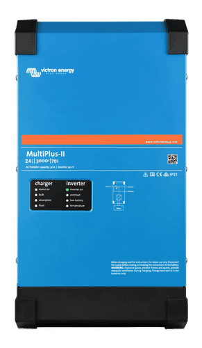 Front view of blue Victron MultiPlus-II 24V 3000VA inverter charger showing status LED indicator panel