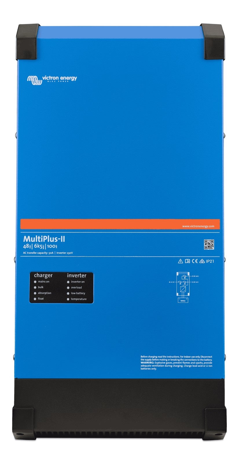 Front view of the blue Victron MultiPlus-II 48V 6500W inverter charger with LED status indicators