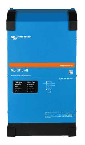 Front view of blue Victron MultiPlus-II 48V 8000VA inverter charger with status LED display