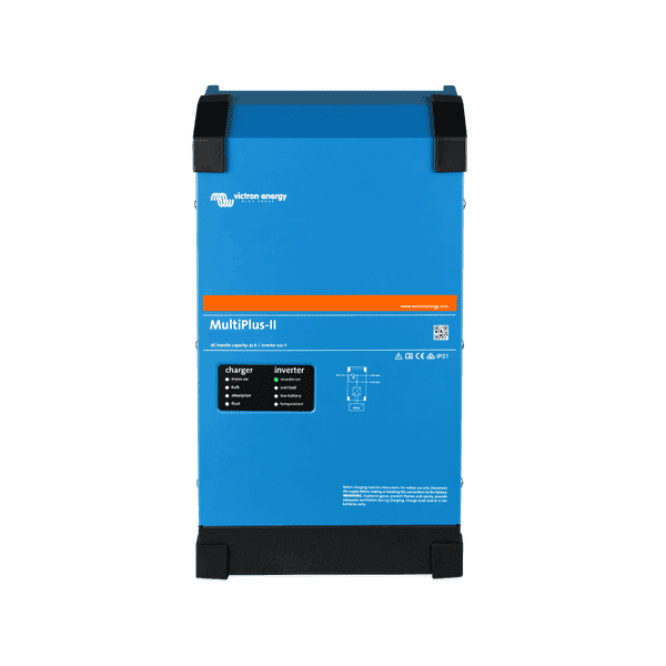 Front view of blue Victron MultiPlus-II 48V 8000VA inverter charger with status LED display