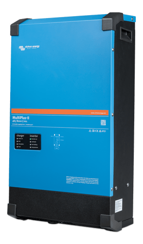 Angled side view of Victron MultiPlus-II showing blue steel enclosure and recessed side handle