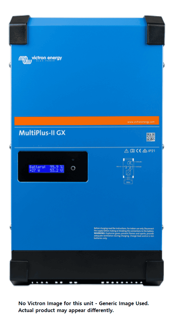 Front view of Victron MultiPlus-II GX inverter charger with LCD status display