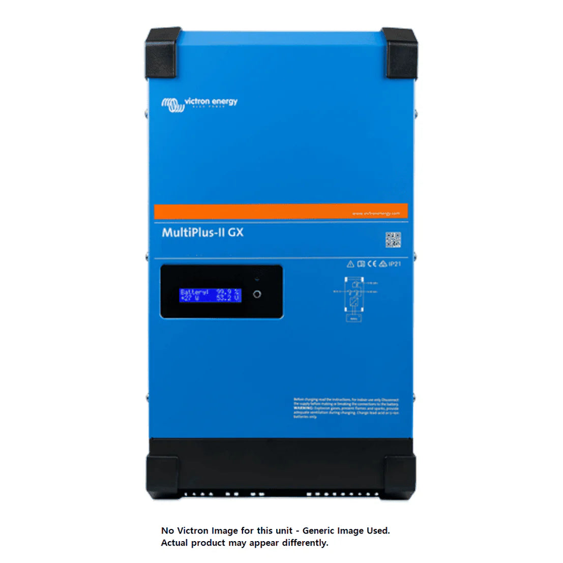 Front view of blue steel MultiPlus-II GX inverter charger with digital status display