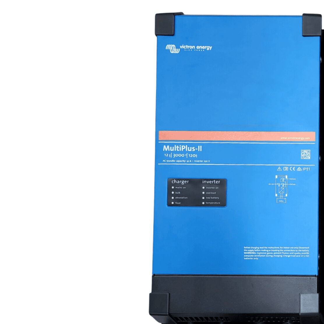 Front interface of the Victron MultiPlus-II showing LED status lights for charger and inverter