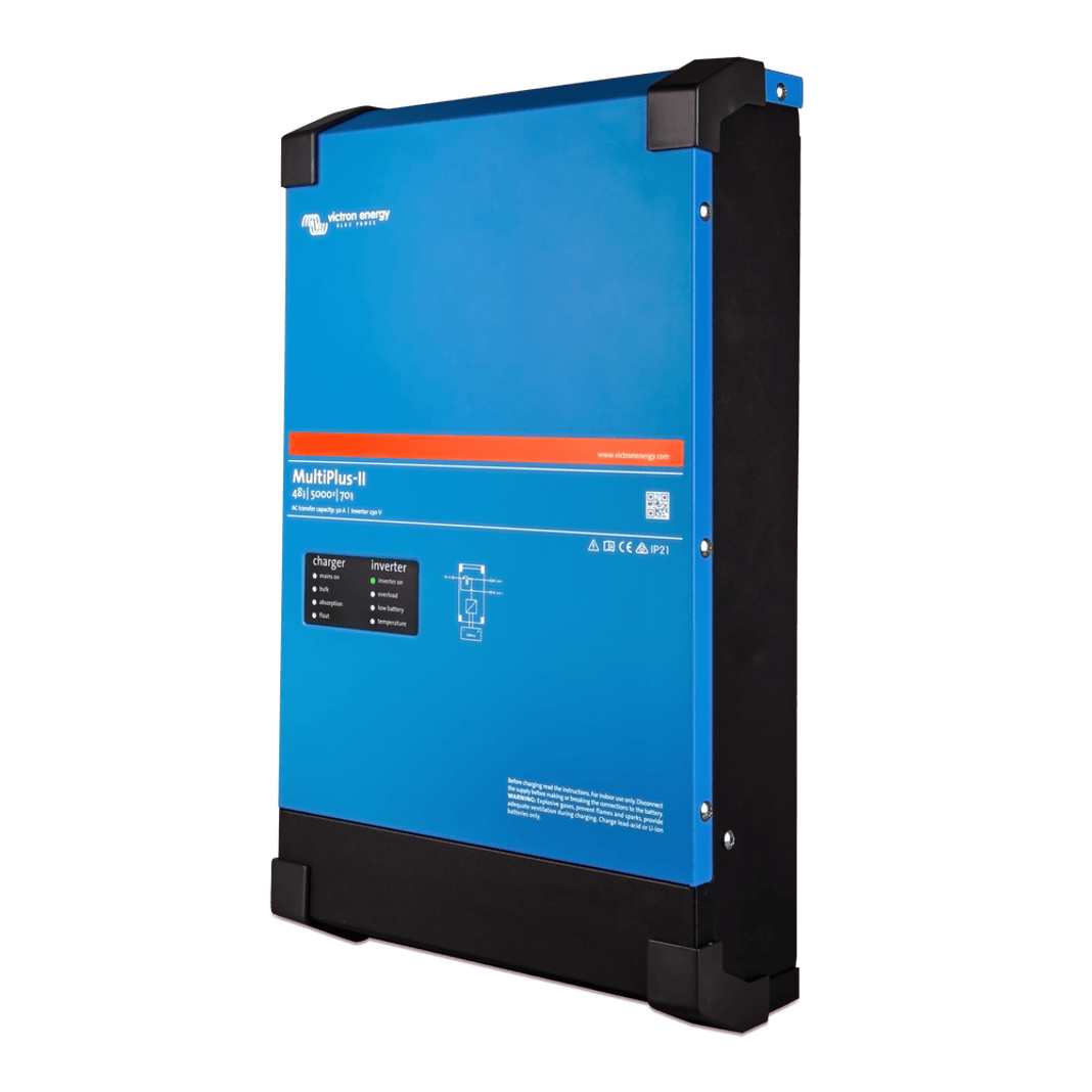Left perspective view of the blue steel enclosure of a Victron MultiPlus-II inverter charger