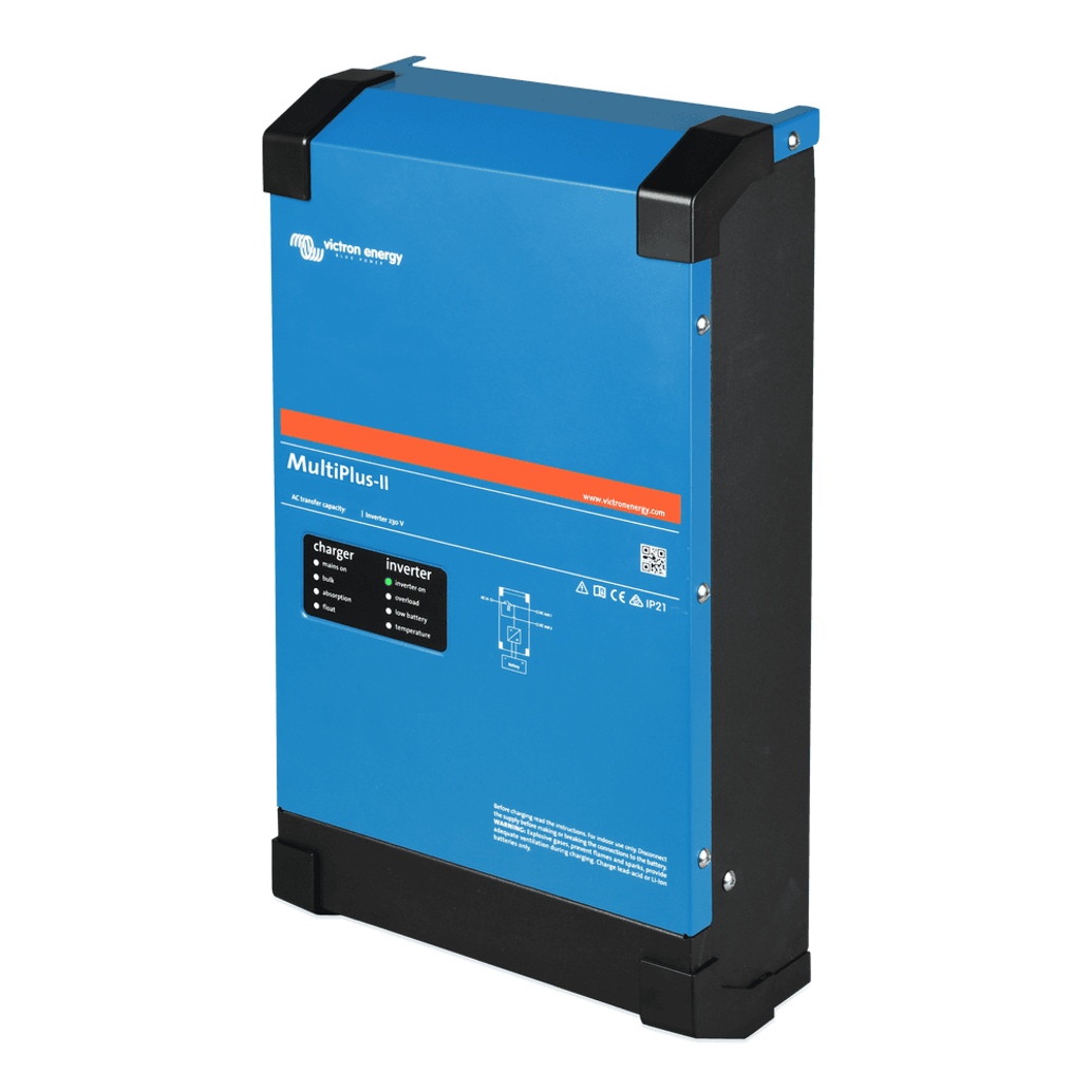 Perspective view showing the side and front of the MultiPlus-II inverter charger