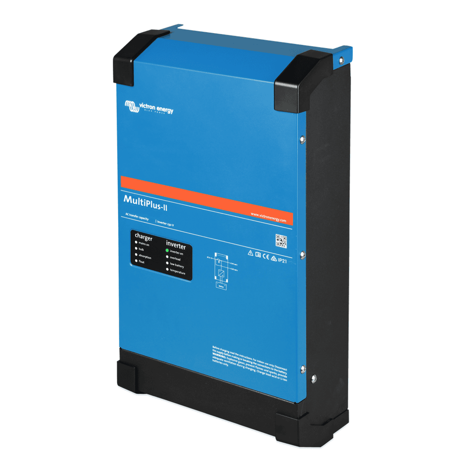 Perspective view showing the side and front of the MultiPlus-II inverter charger