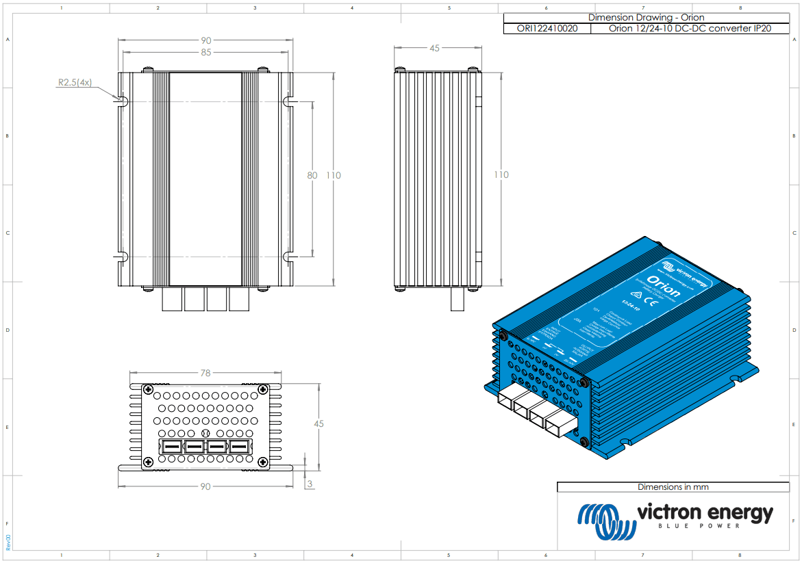 Dimensional drawing of the Orion 12/24-10 DC-DC converter with measurements in mm