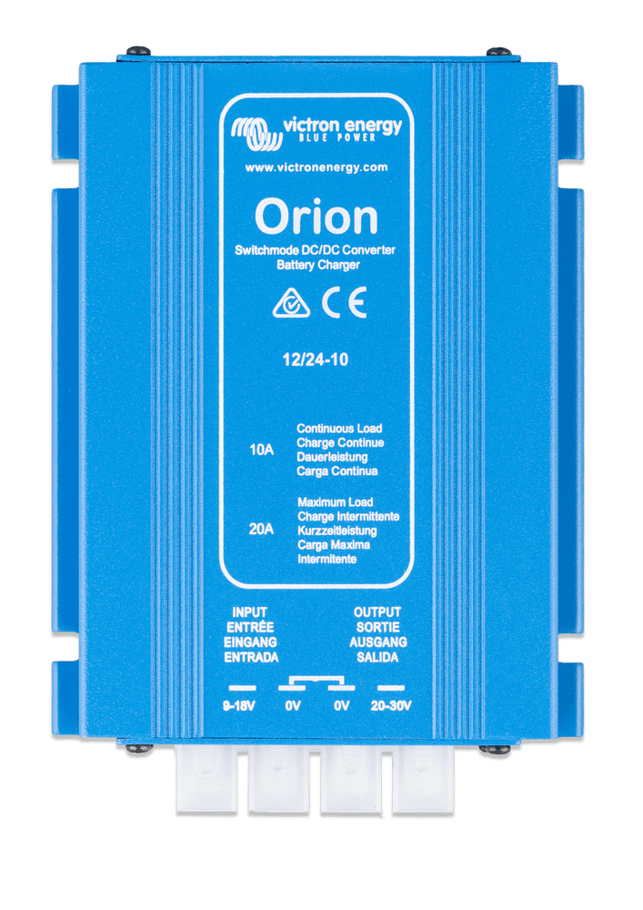 Top-down view of a blue Victron Orion 12V to 24V 10A DC-DC converter showing connection labels