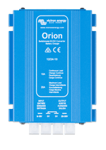 Top-down view of a blue Victron Orion 12V to 24V 10A DC-DC converter showing connection labels