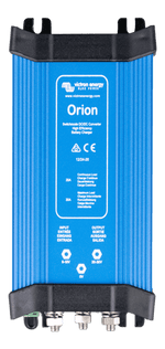 Front view of Victron Orion 12V to 24V 20A DC-DC converter in blue aluminium enclosure